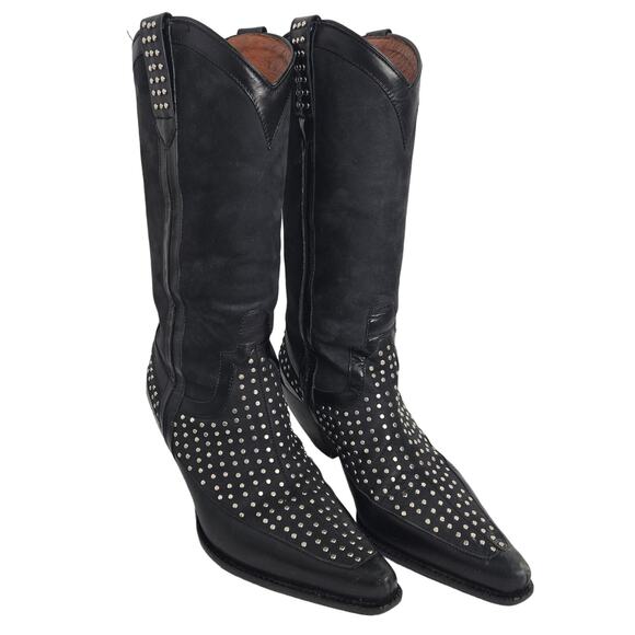 Donald J. Pliner Western Couture Boots Black Silver Studded 8M Cowgirl Leather - Picture 2 of 12